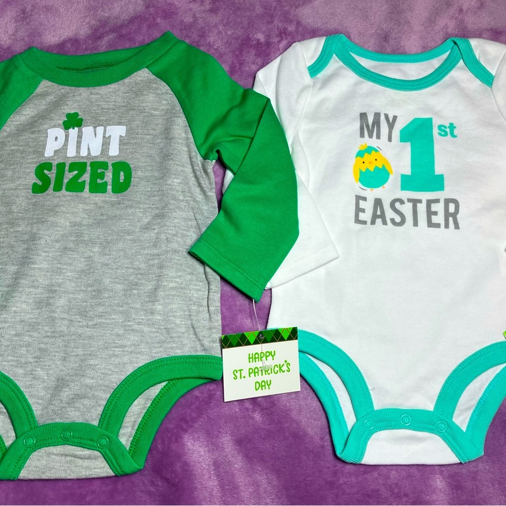 6-9m St.Patrick’s “Pint Size” & 1st Easter Bodysuits SET NEW